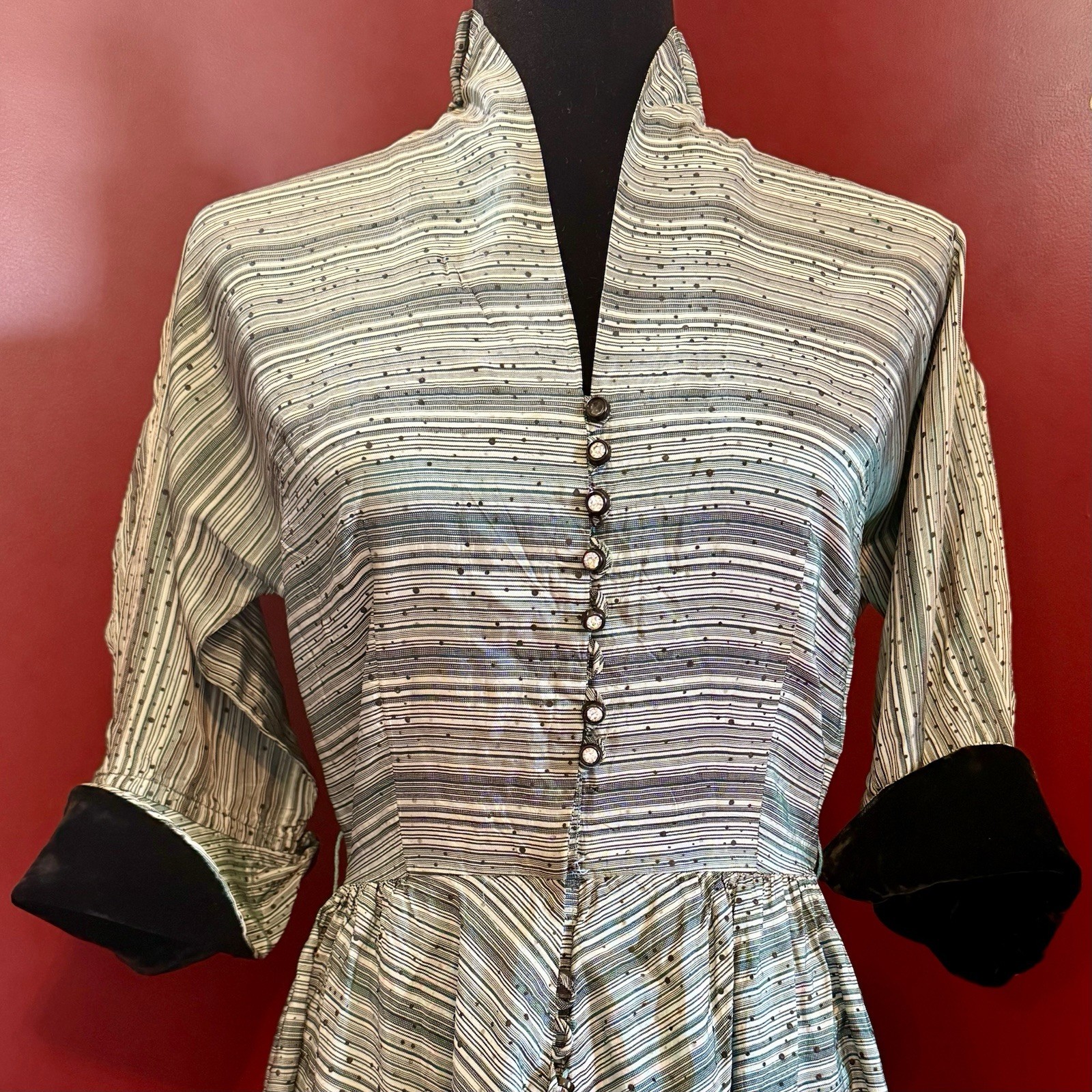 VTG 50s MCM Rayon Velvet Circle Skirt Shirt Dress Rhinestone Buttons Women S/M