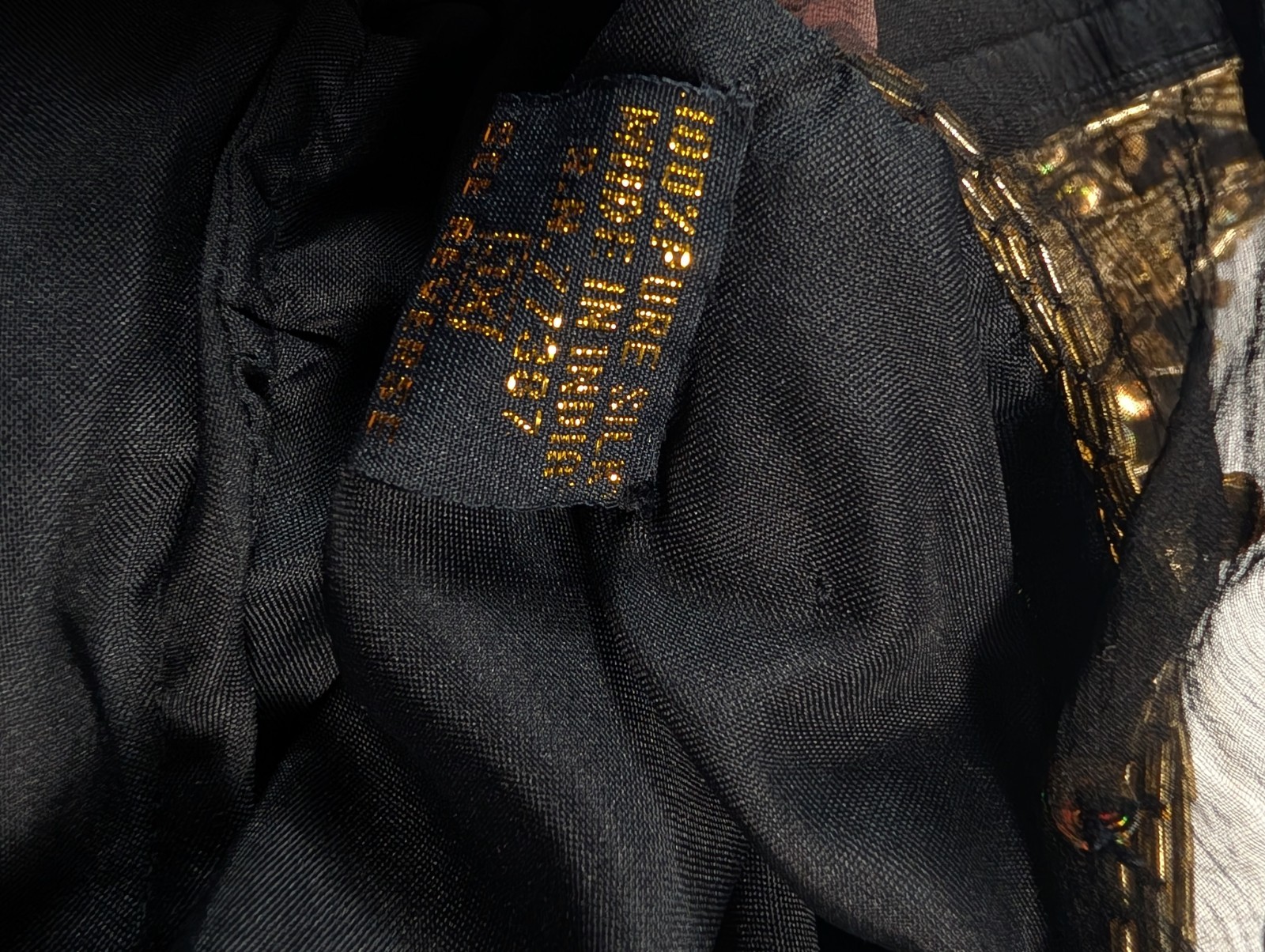 Vtg Landmark Silk Beaded Gown XL, Black Gold Sequin Maxi Dress, Flapper READ