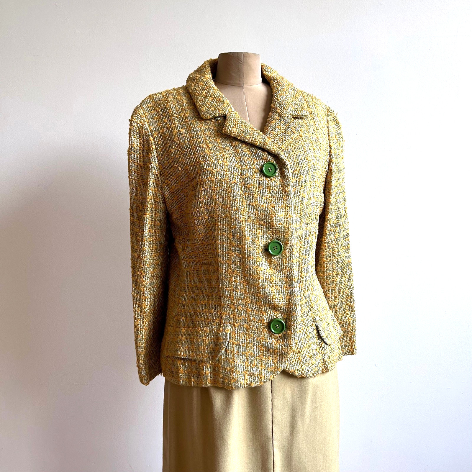 Vintage 1950s Yellow Green Tweed Soft Tailored Blazer Jacket Maisel sz M L 10 12
