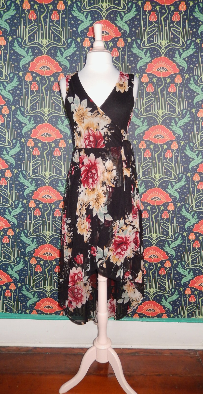 Vintage Y2K Kimcine Floral Mesh Whimsigoth High Low Faux Wrap Dress S/M