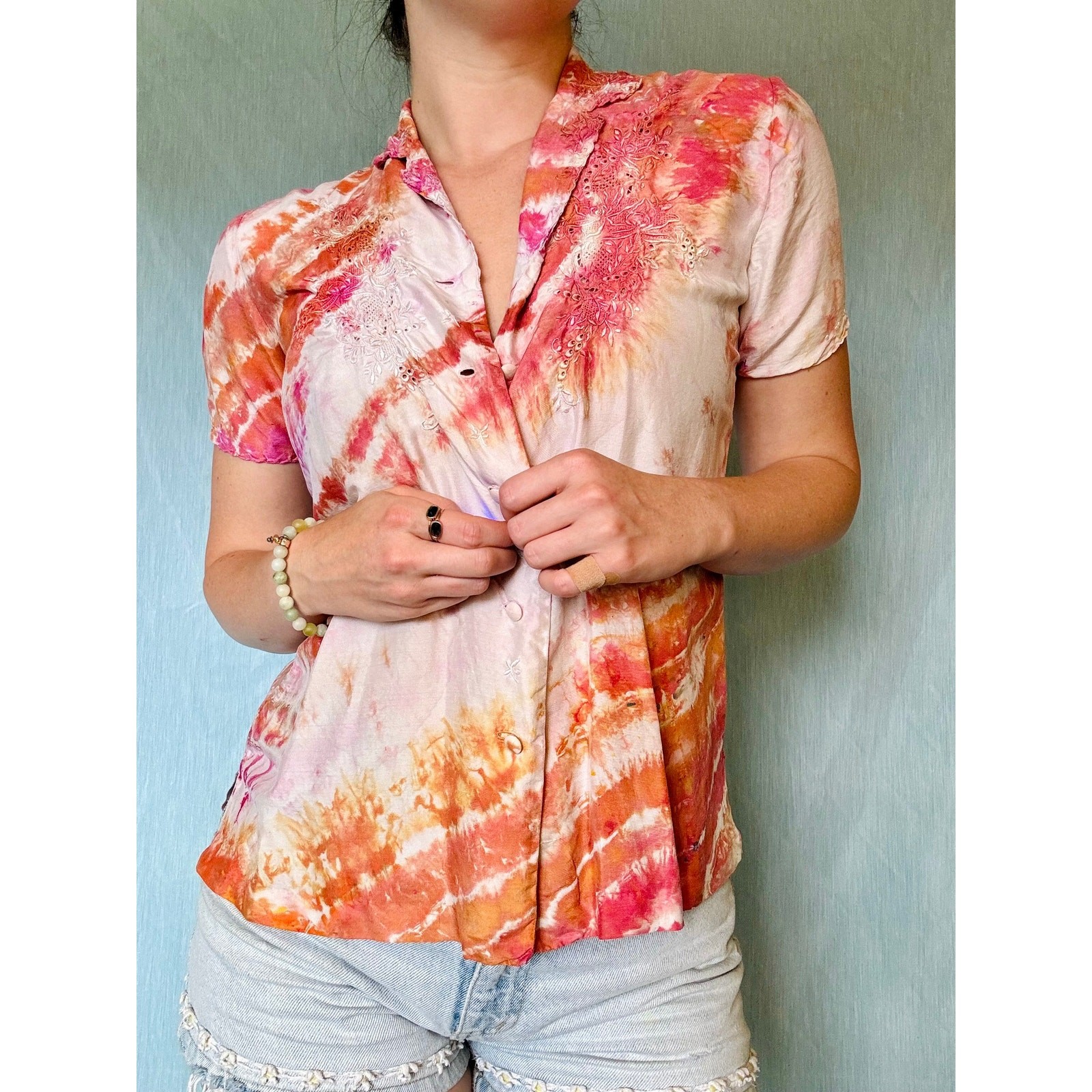 Shibori Dyed Vintage Silk Blouse Orange Pink Button Up Reworked Tie Dye Upcycled