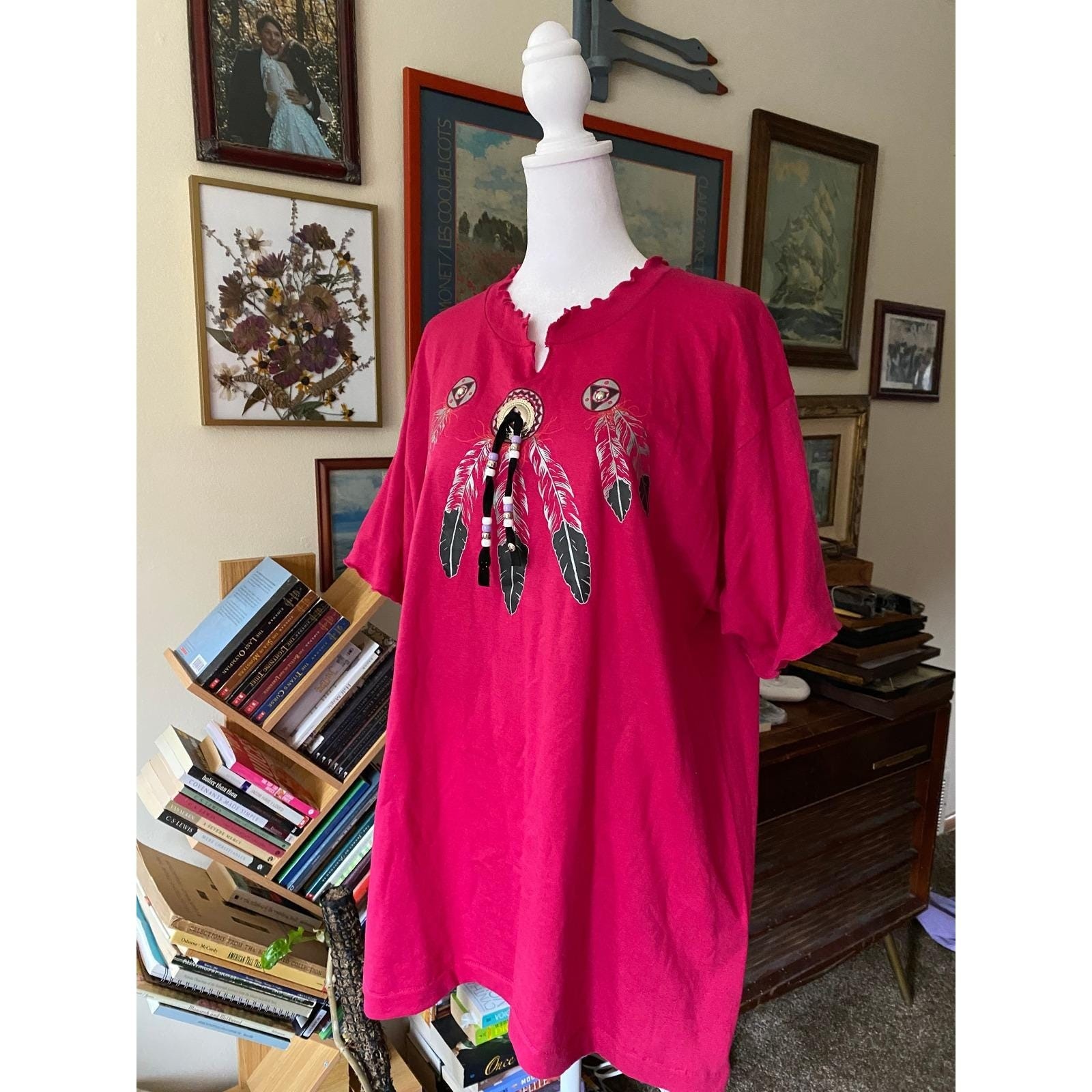 Vintage Beaded Feather Pink T Shirt XL Western Cowgirl Native Rodeo Bedazzled