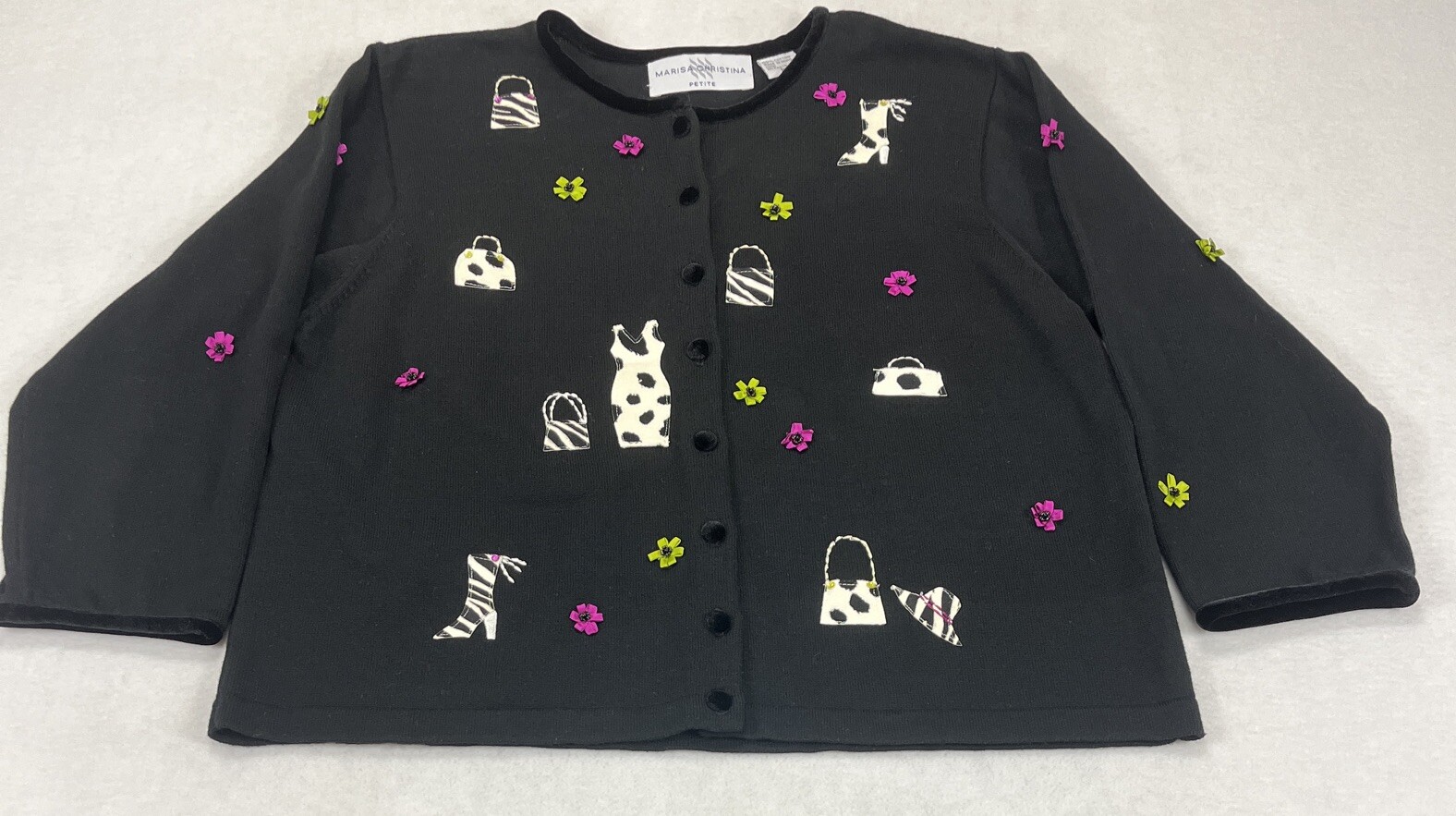 VTG Marisa Christina Black Shopping Spree Cardigan W/Velvet Buttons & Trim Sz PM