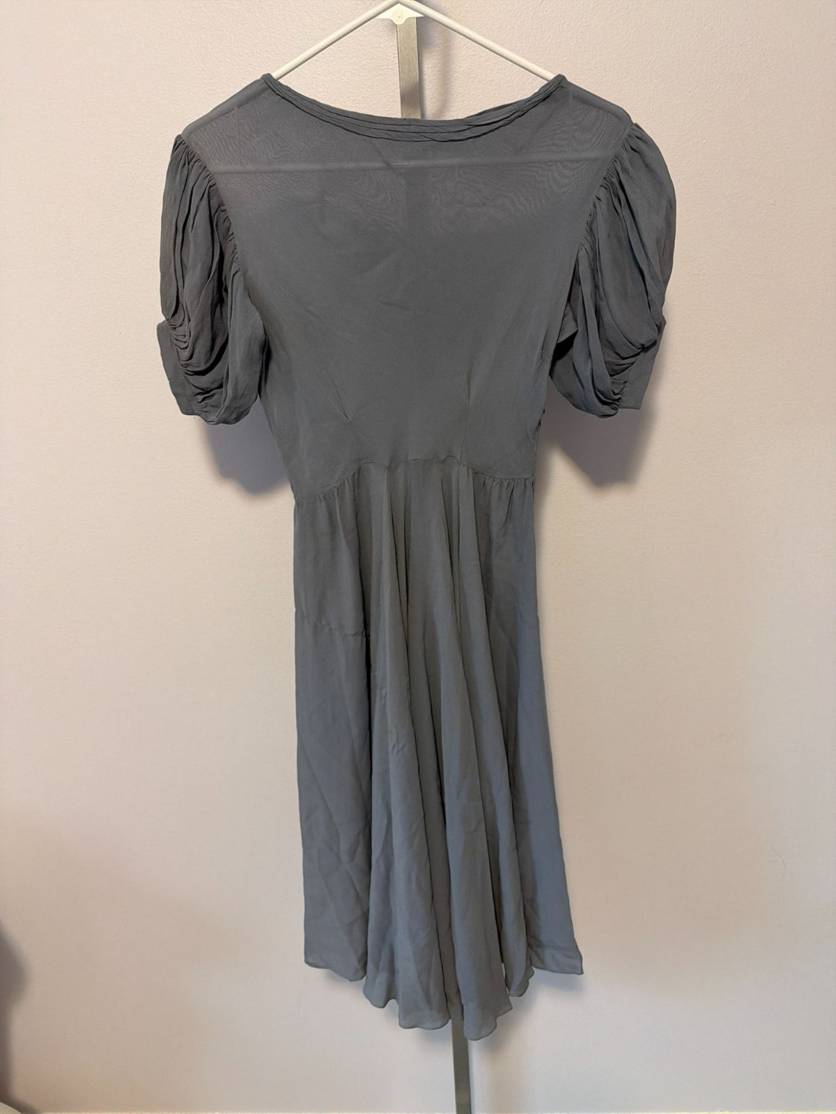 Vintage 40s Blue Silk Sheer Dress Gathered Puff Sleeve Side Zip Bias Cut MCM XS