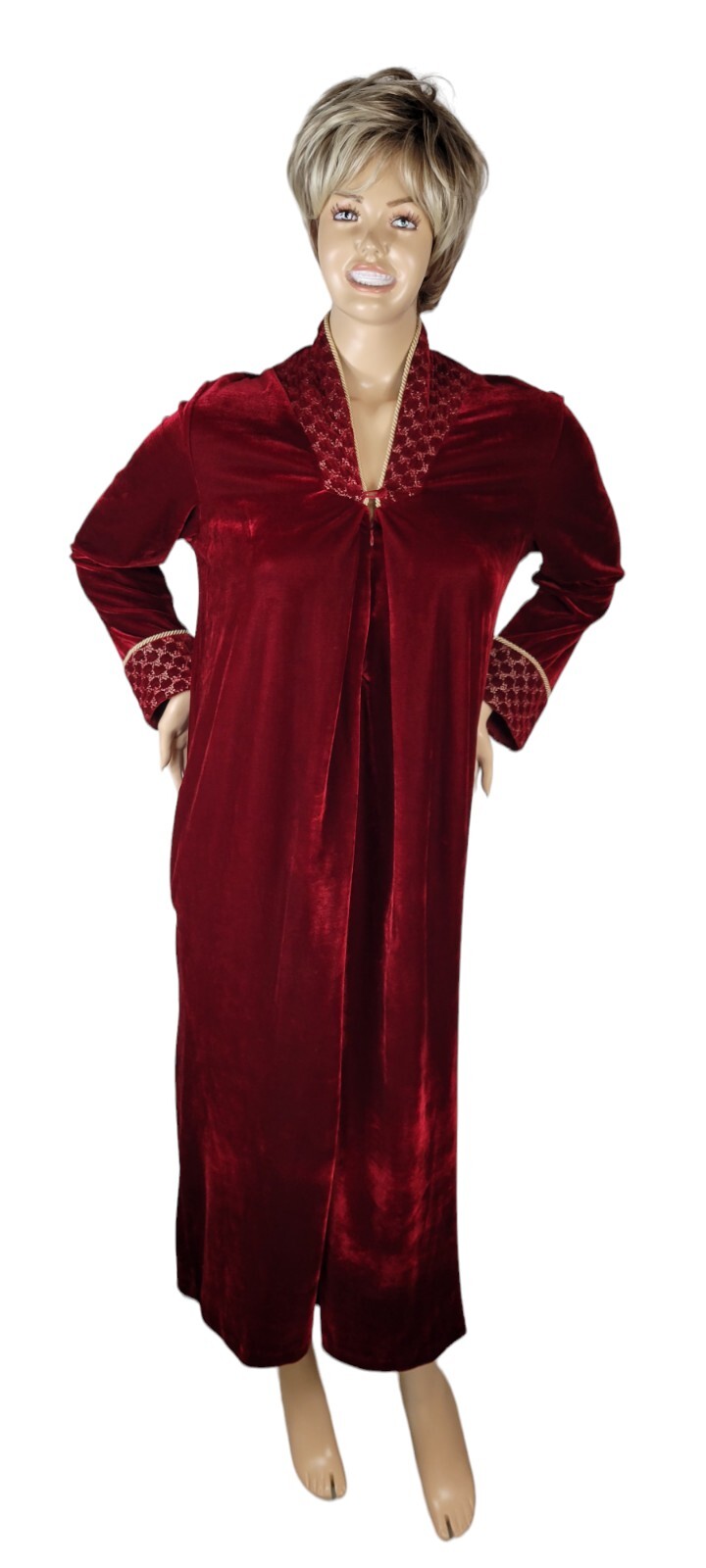 Vintage Whispers Velvet Velour Red & Gold House Coat Robe Nightgown Size Small