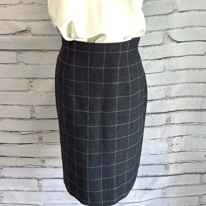 Vintage Wool Windowpane Pencil Skirt High Waist Gray Career Academia Size 8
