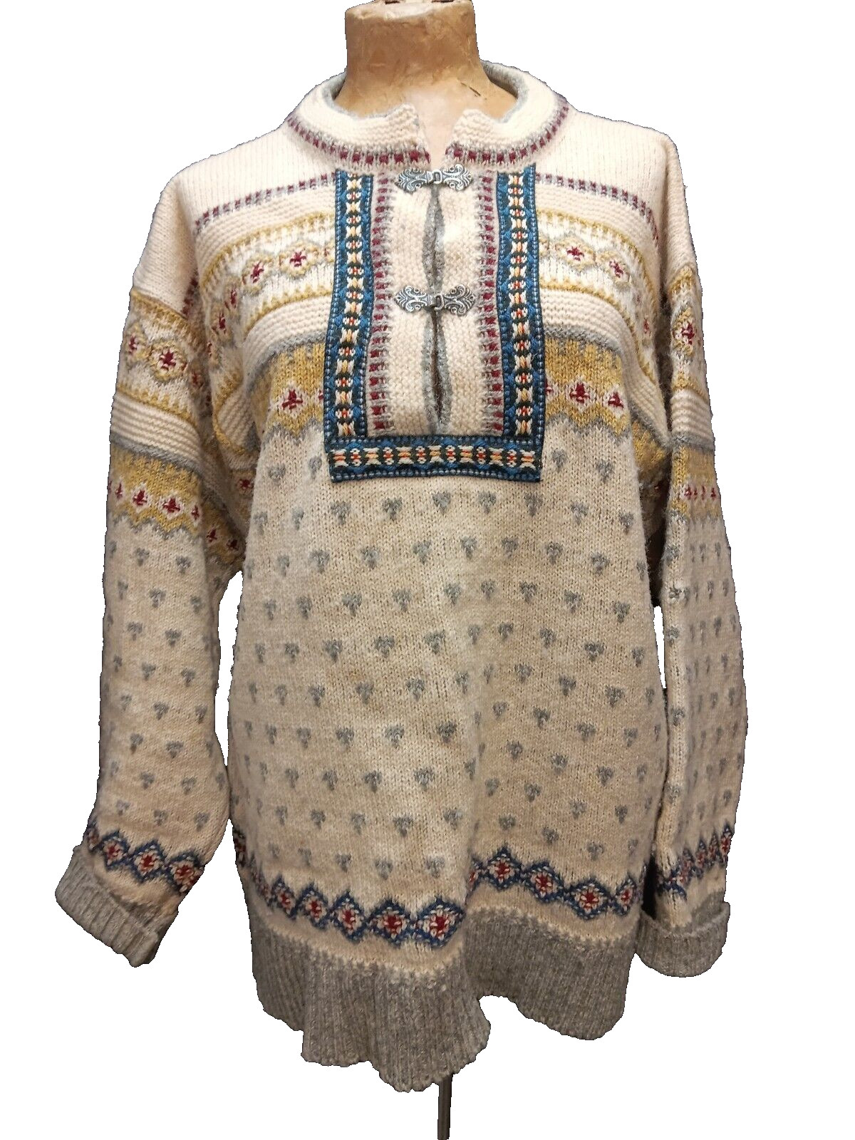 Vintage Tan Blue Dark Red Pale Green Wool Norwedgian Sweater by Devold M