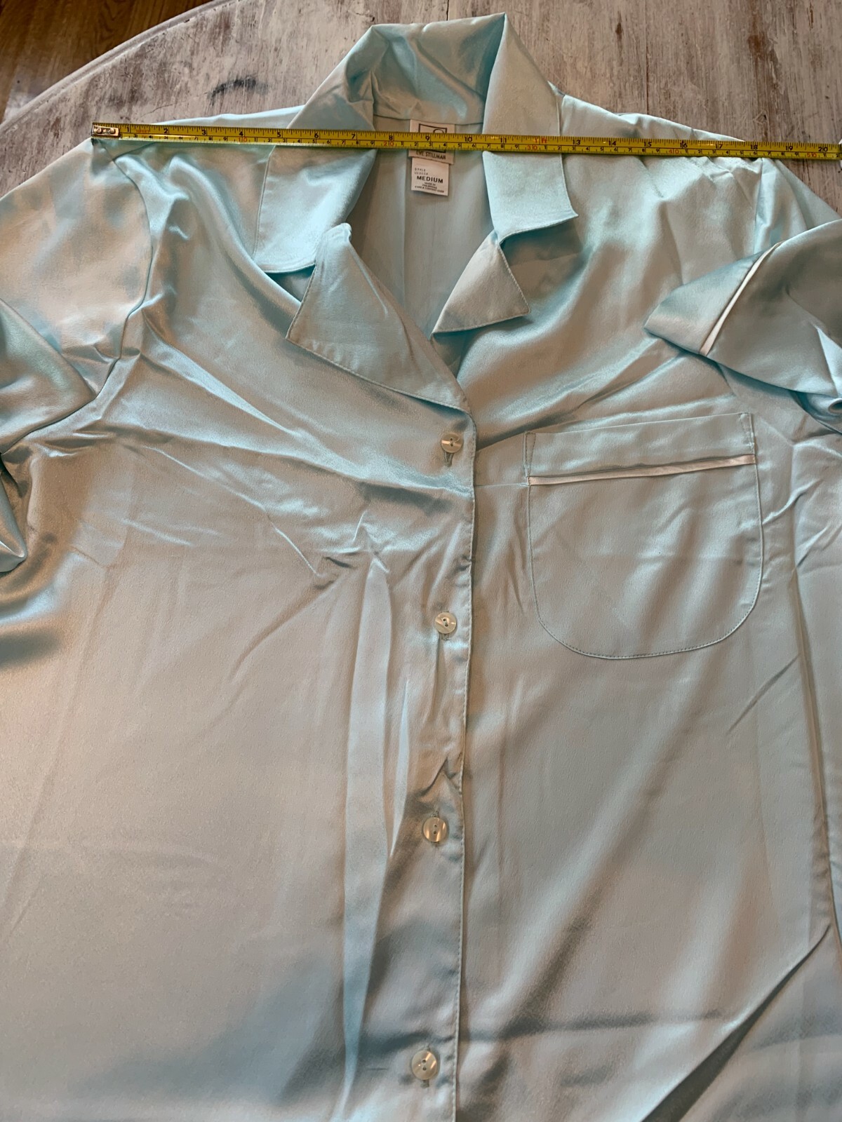 Vtg Eve Stillman Silky Soft Satin Button Front Long Sleeve Sleep Shirt Blue M