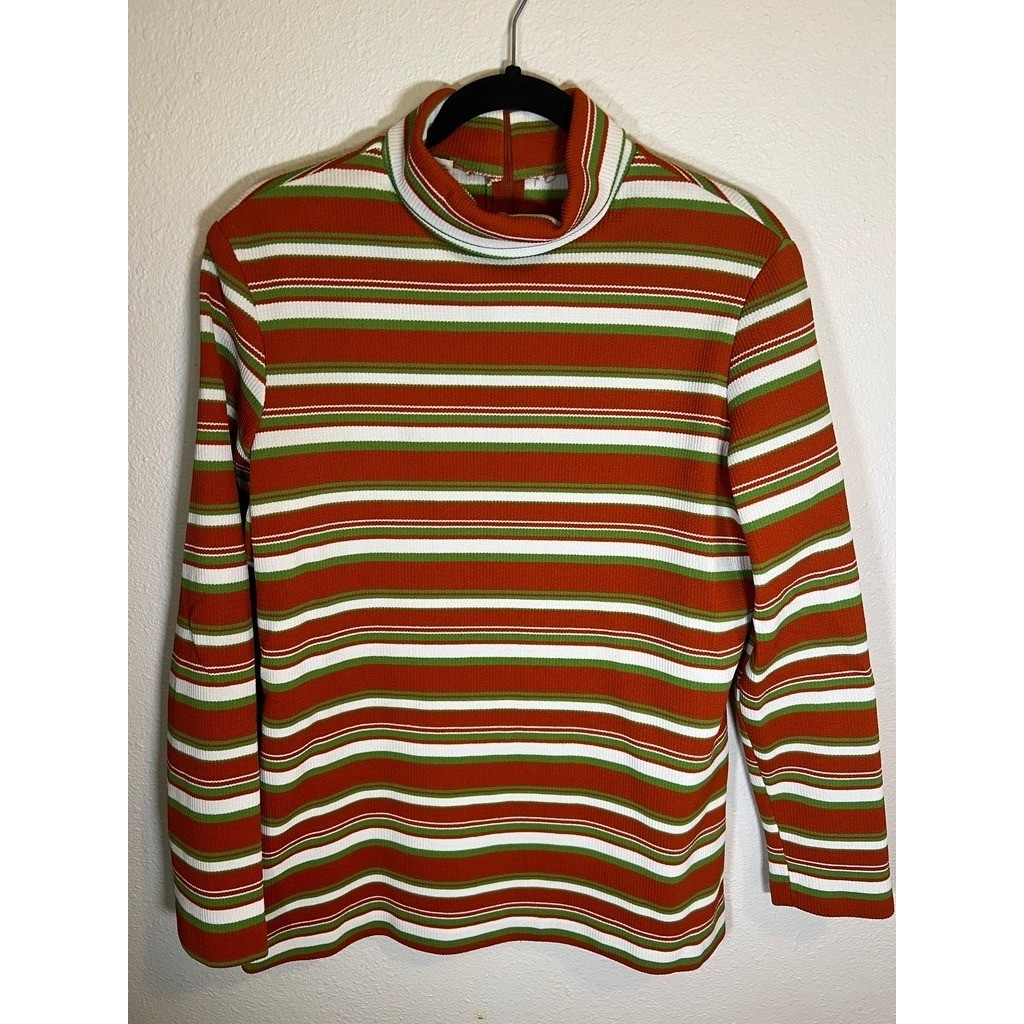 Vintage Mock Turtleneck Top M Striped 1970s Zip Ribbed Knit Poly Orange Green