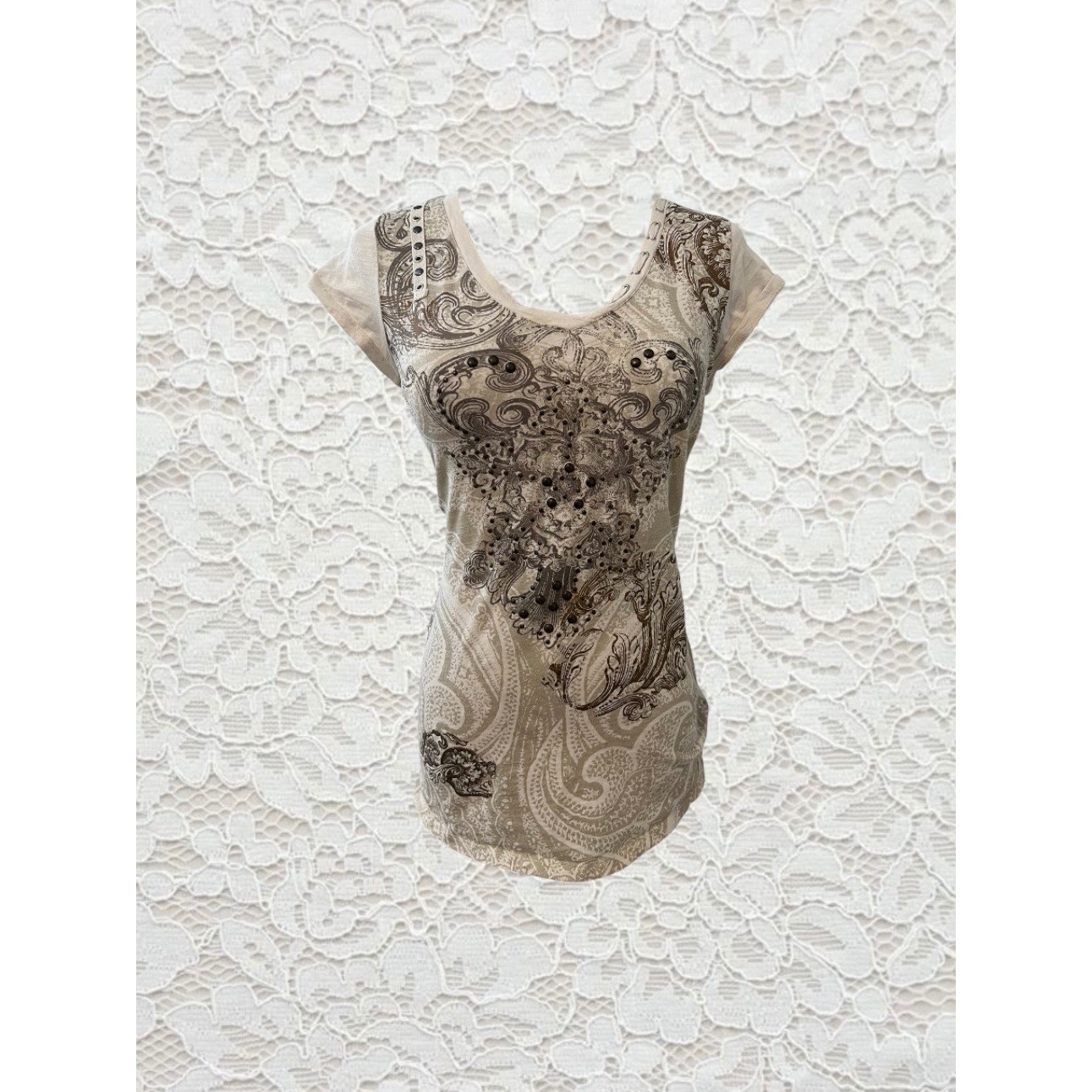 vintage cyber y2k embellished cross & paisley patterned graphic short sleeve top