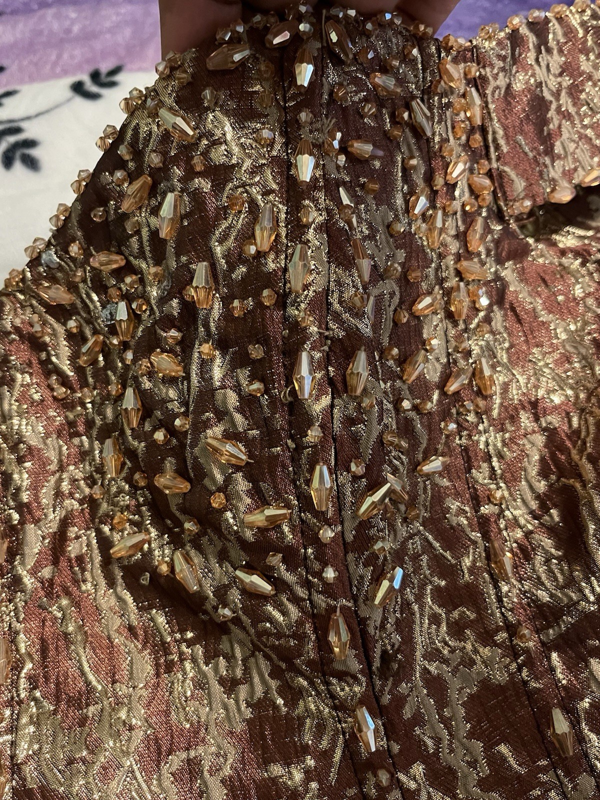 Vintage Metallic Brocade Beaded Cocktail Dress Brown & Gold