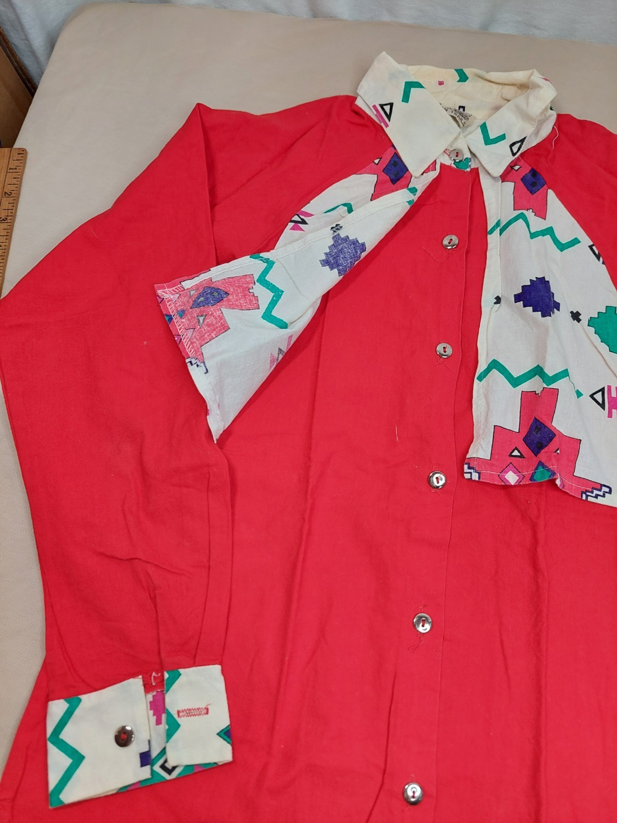 Vintage 80s Southwestern Cowgirl Shirt Women S Red Geometric USA 100% Cotton