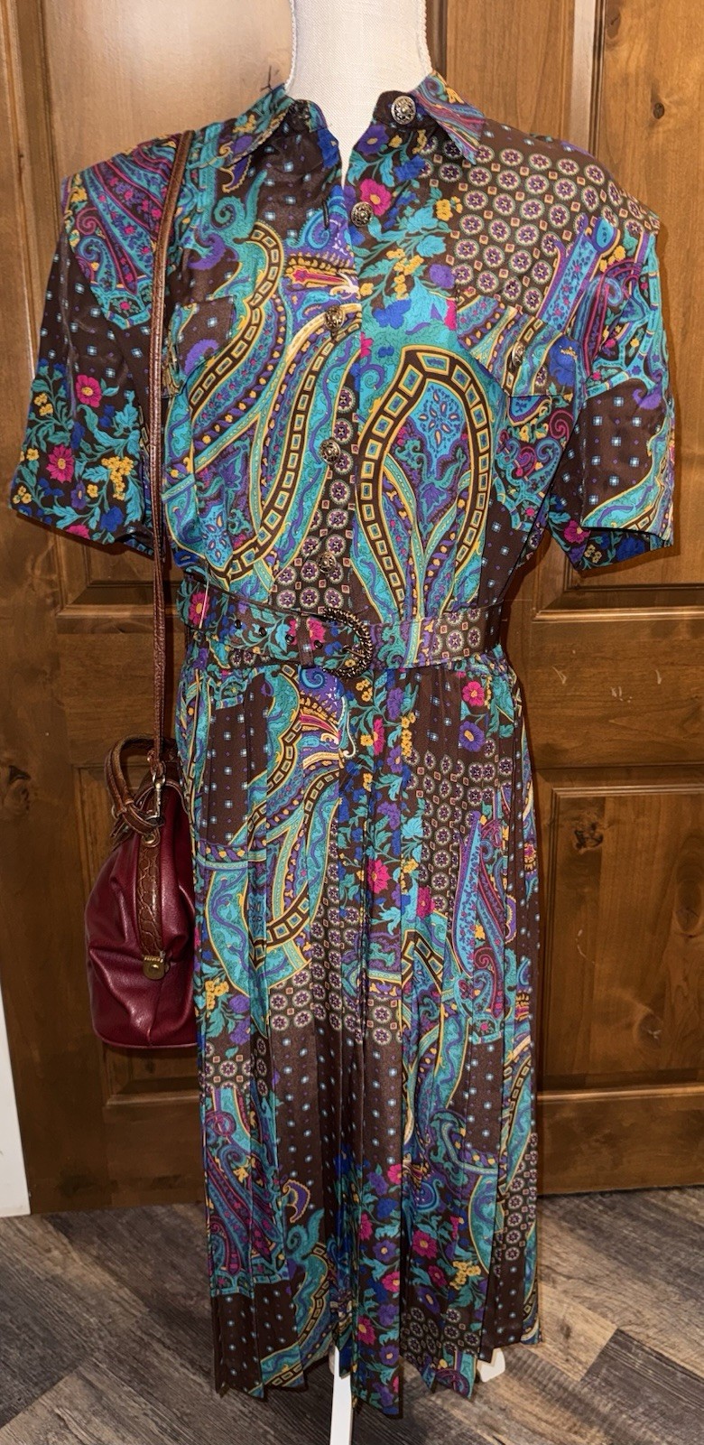 Vintage Leslie Fay Belted Midi Secretary Dress Size 18 Pleaded Purple Blue NWT