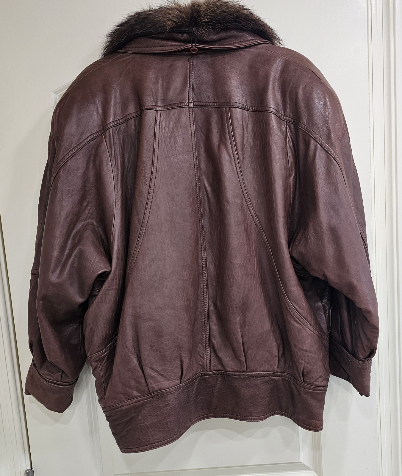 J Walden Vintage Leather & Raccoon Fur Brown Bomber Jacket Size 7/8