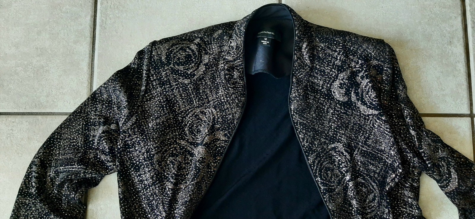 Rare Vintage R&M Richards Velvet Jacket Black Floral Glitter Made in USA Size 12