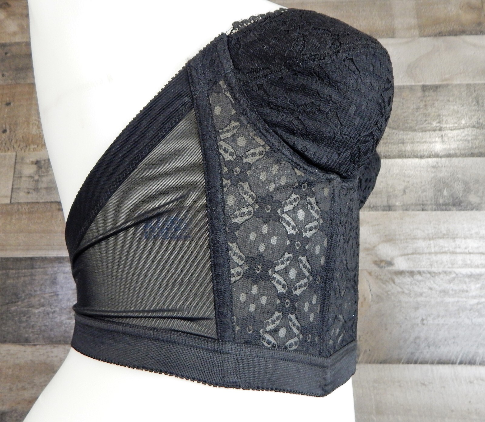VTG Sears Black Lace Longline Padded Strapless Wire Bra 38C Low Plunging Back
