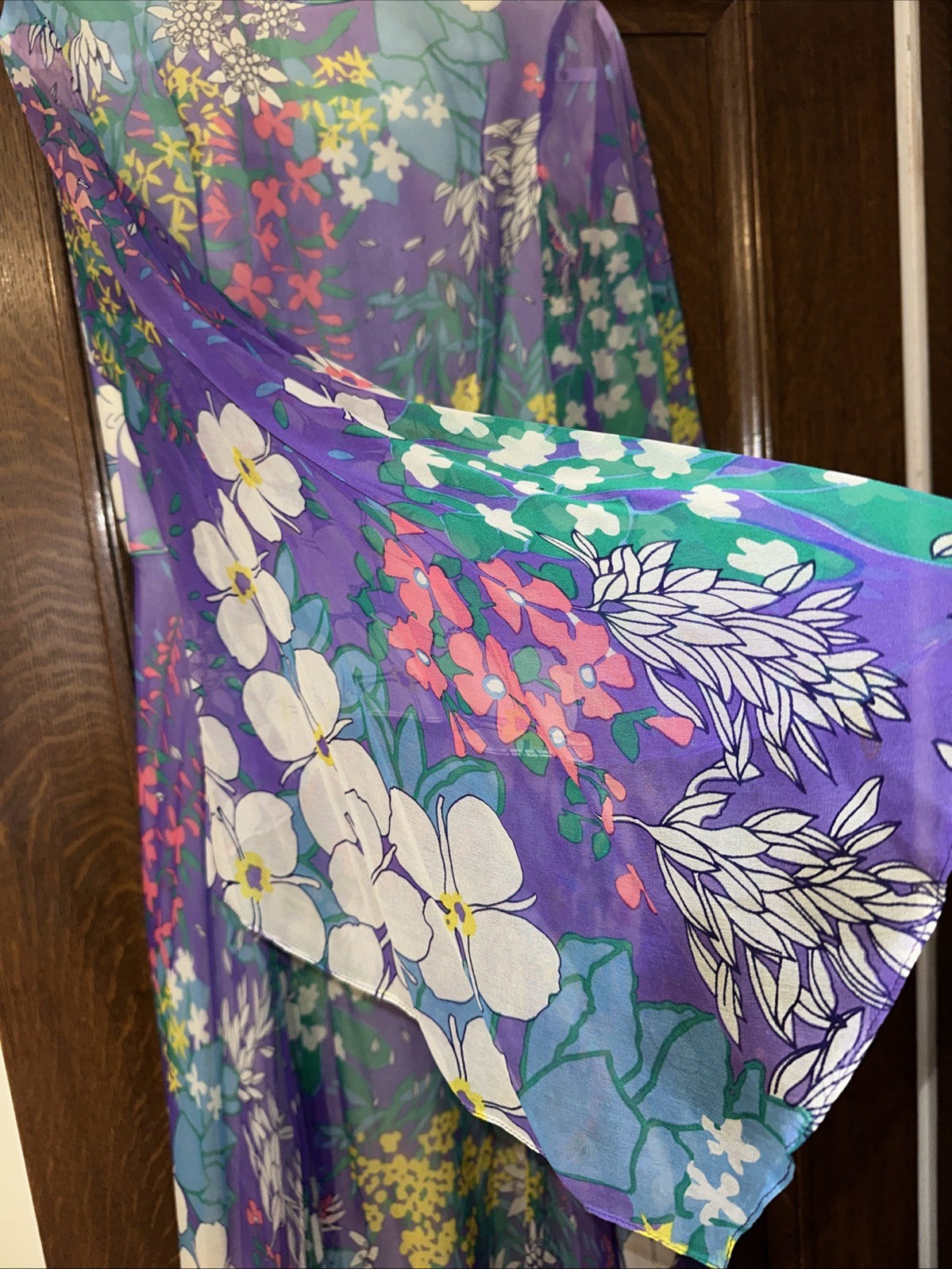 Vintage 60s 70s Parues Feinstein Flowy Flower Purple Long Dress Floral Sheer