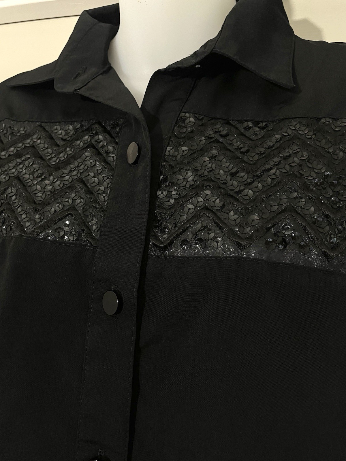 Vintage Rio Blouse Med Western Wear Black Button Embellished Short Sleeve Sequin