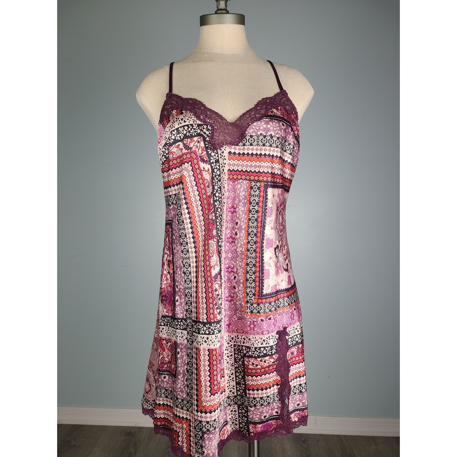 Victoria’s Secret Sz M Satin Slip Mini Dress Pink Patchwork Lacy Euro Summer Y2K