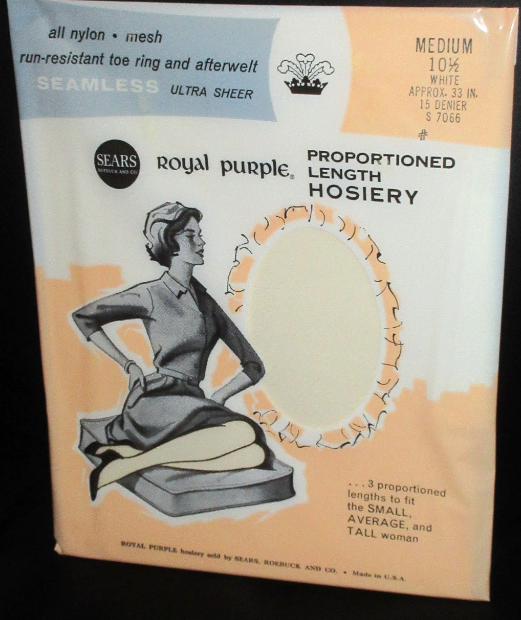 Vintage Sears Royal Purple Hosiery Nylons Size Sears 10.5 Medium WhiteSTOCKINGS