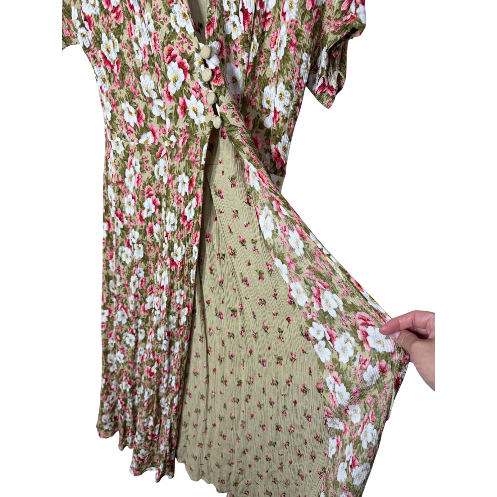 Brett Alixander Vintage Floral Layered Maxi Dress Olive Green Pink Rayon 9/10
