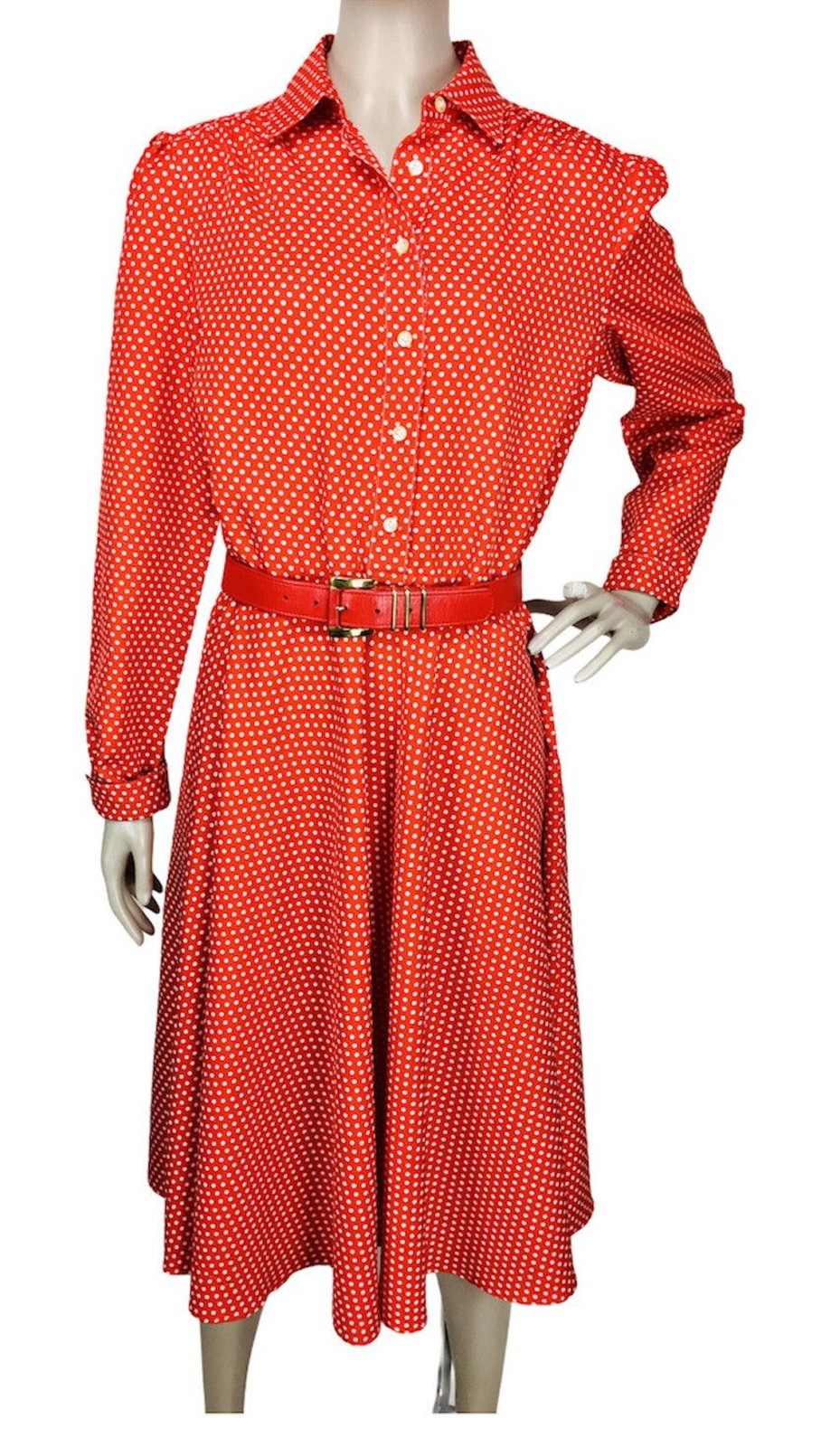 Vintage 70s Schrader Red Polka-Dot Midi Sheath High Shoulder Shirt Dress S/M/L
