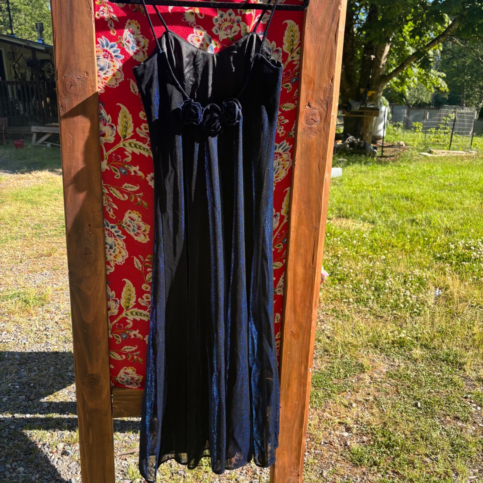 VTG Black+Blue Iridescent Whimsigoth Formal Wedding Guest Maxi Dress Size S