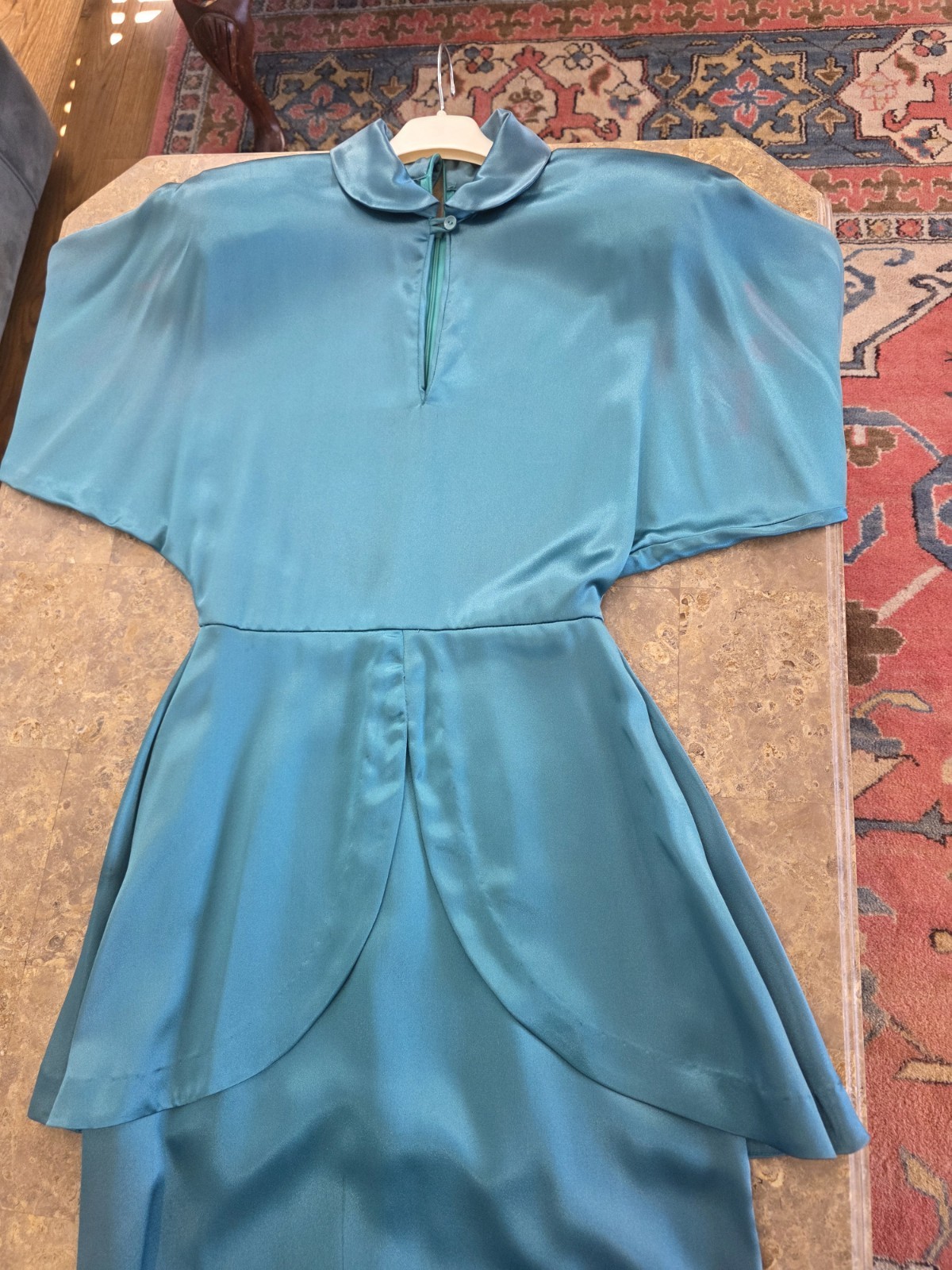 Unique Vintage 1980s Norma Kamali Green Satin Cocktail Midi Dress with Peplum