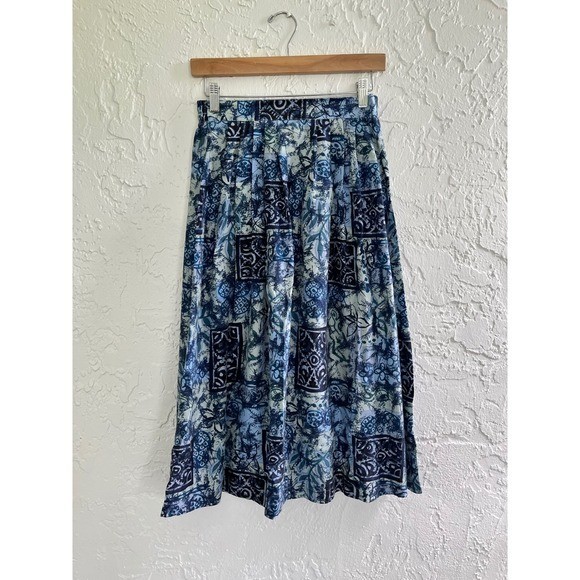 Melrose Petite Silk Skirt Womens Small Vintage Blue Abstract Midi