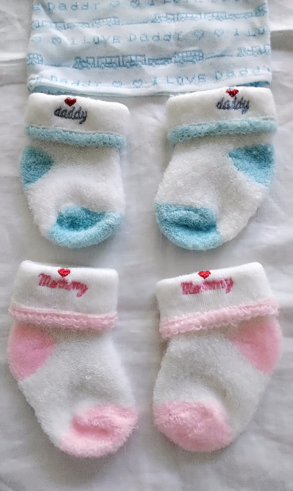 1970’s Baby Booties Pink „Love Mommy” & Blue „Love Daddy” & I Love Daddy Shirt