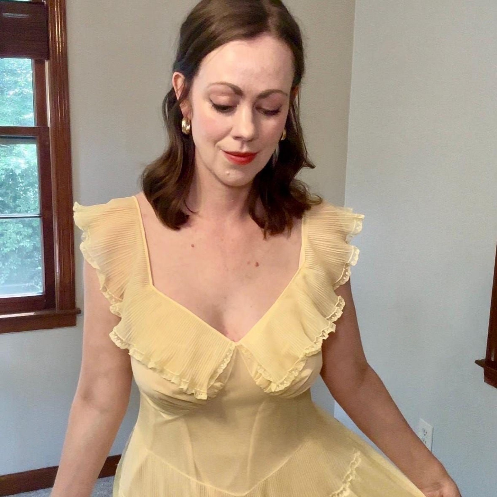 Vintage 70s Vanity Fair Romantic Ethereal Sheer Yellow Slip Dress Size Small
