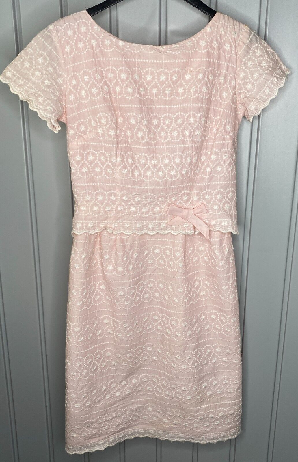 Vintage Handmade Dress Size XS to S Easter Spring Pink with White Embroidery