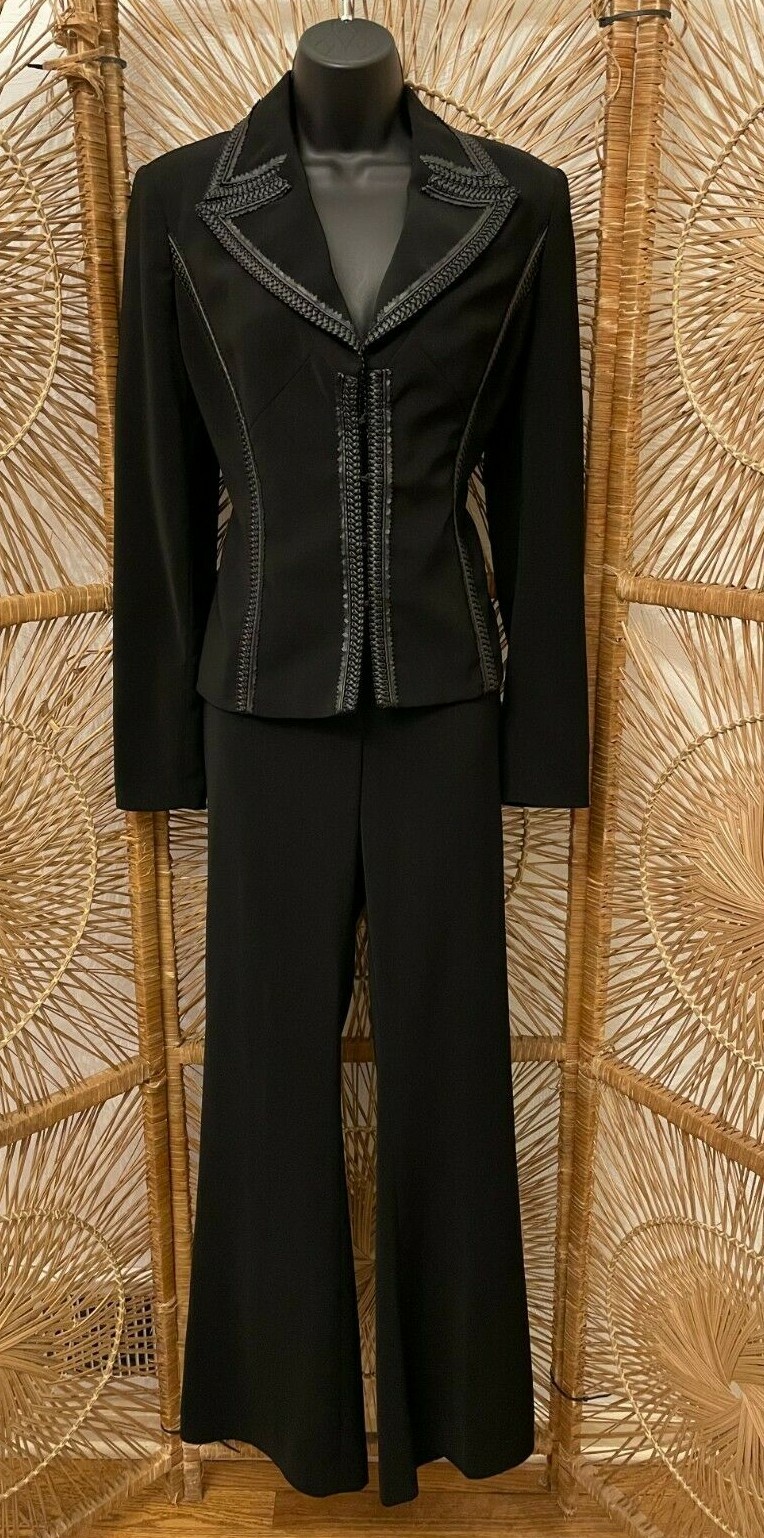 Vintage Cache Womens Skirt Pant Suit Size 6 Black Knit Faux Leather Braided Trim