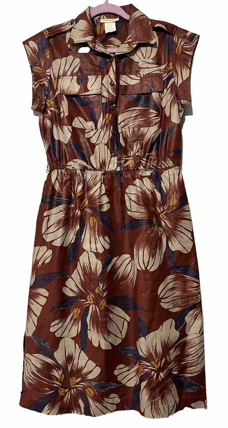 Vintage CALIFORNIA GIRL Short Cap Sleeve Long Floral Dress Sz 12 Brown Wet Look
