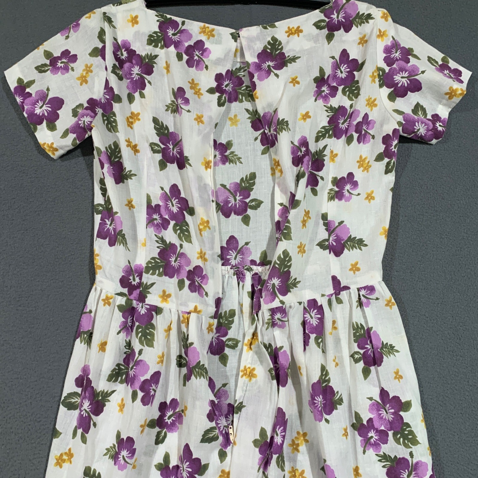 Handmade Floral Hibiscus Nap Dress Size S White Purple Vintage 50s Style