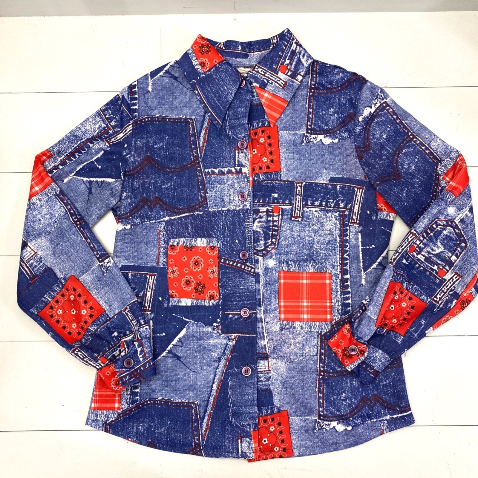 Vtg 70s NPC Fashion Patchwork Denim Print Shirt Women Small Med Bandana Western