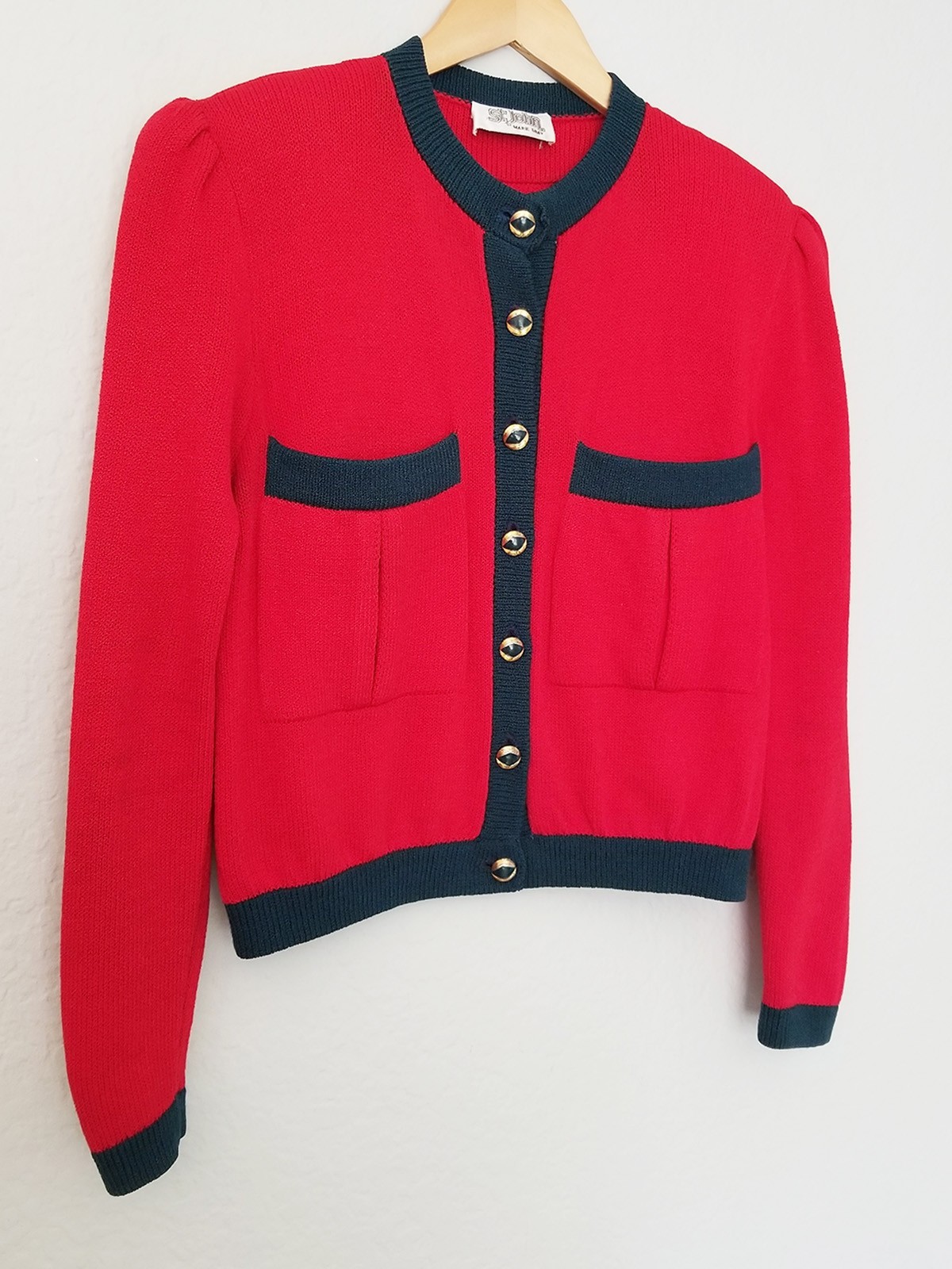 St. John Mary Gray Vintage Red Blue Button Up Cardigan Crop Santana Knit Size 10