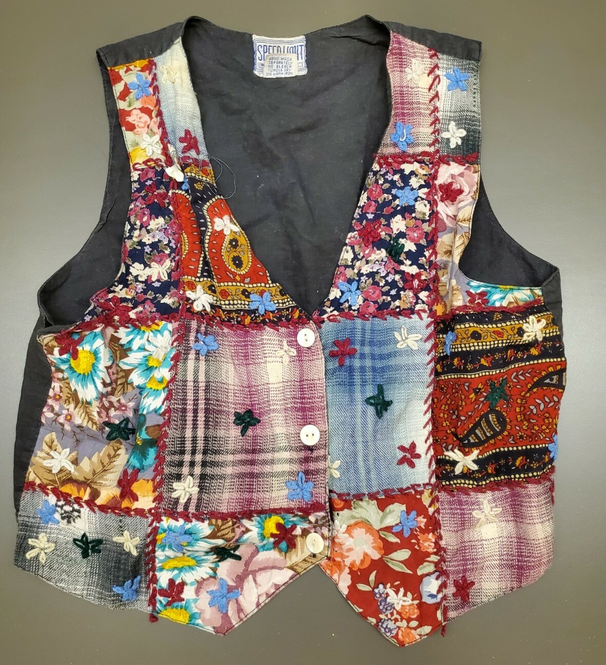 VTG Speed Limit MPH East West Vest Womens Sz M Patchwork Embellished Front India