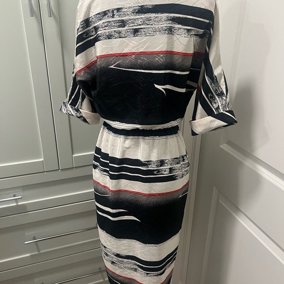 PETITES by NU-MODE Striped Black Metallic Wrap Dress Lightweight | Size 7