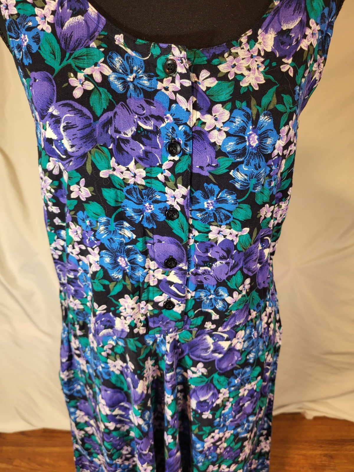 Vintage S Roberts Size 11 Dress Purple Green Blue Floral Button Front Sleeveless