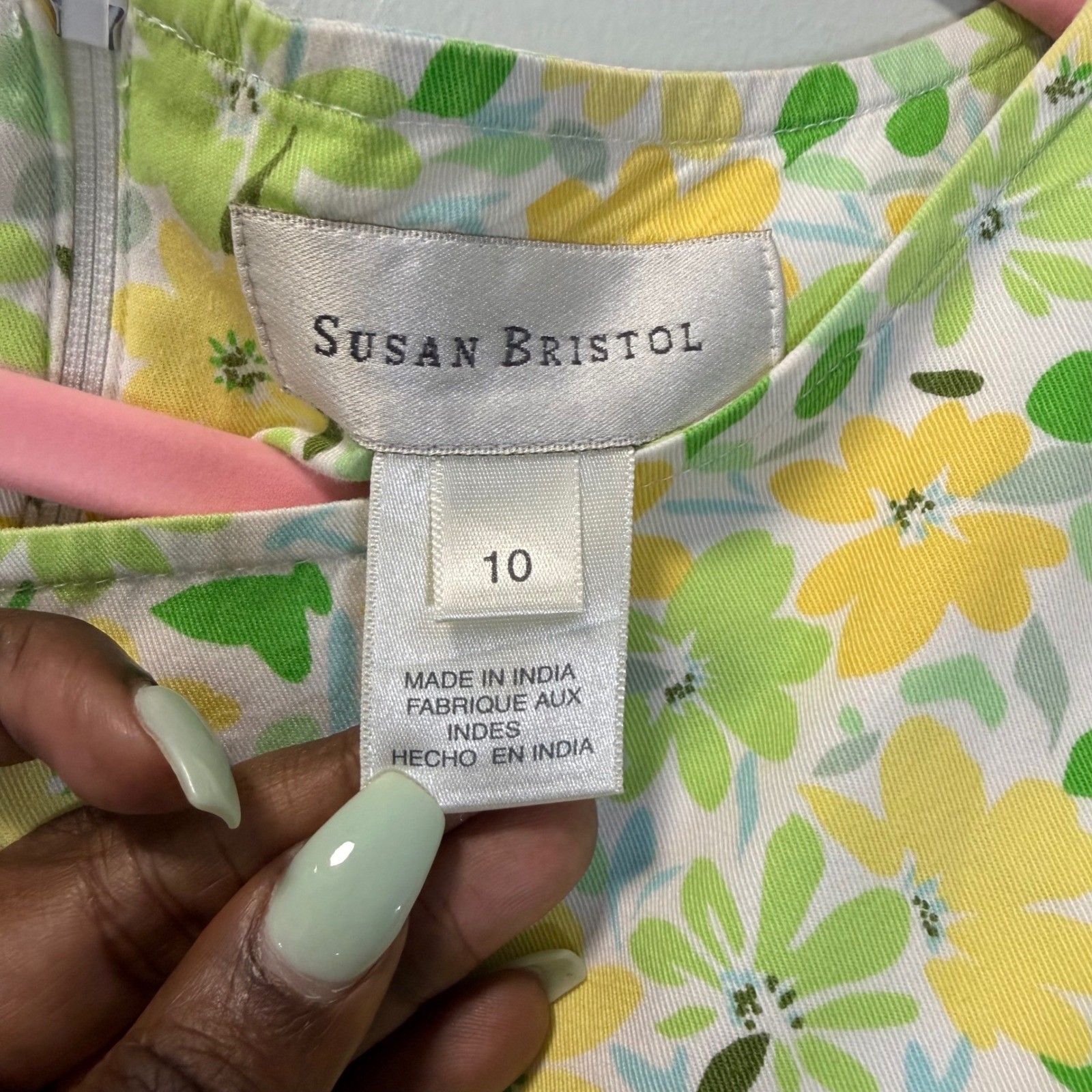 Susan Bristol Vintage Floral Cotton Shift Dress Yellow Green Sleeveless Size 10