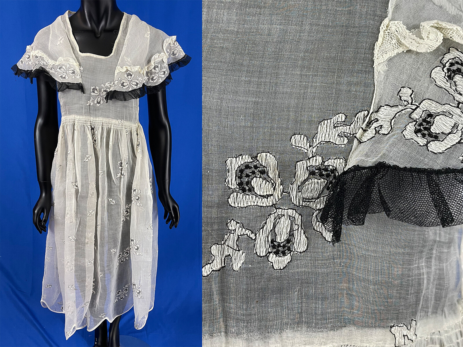 Vintage 1920s White Organdy Organza Black Lace Embroidered Flowers Flounce Dress