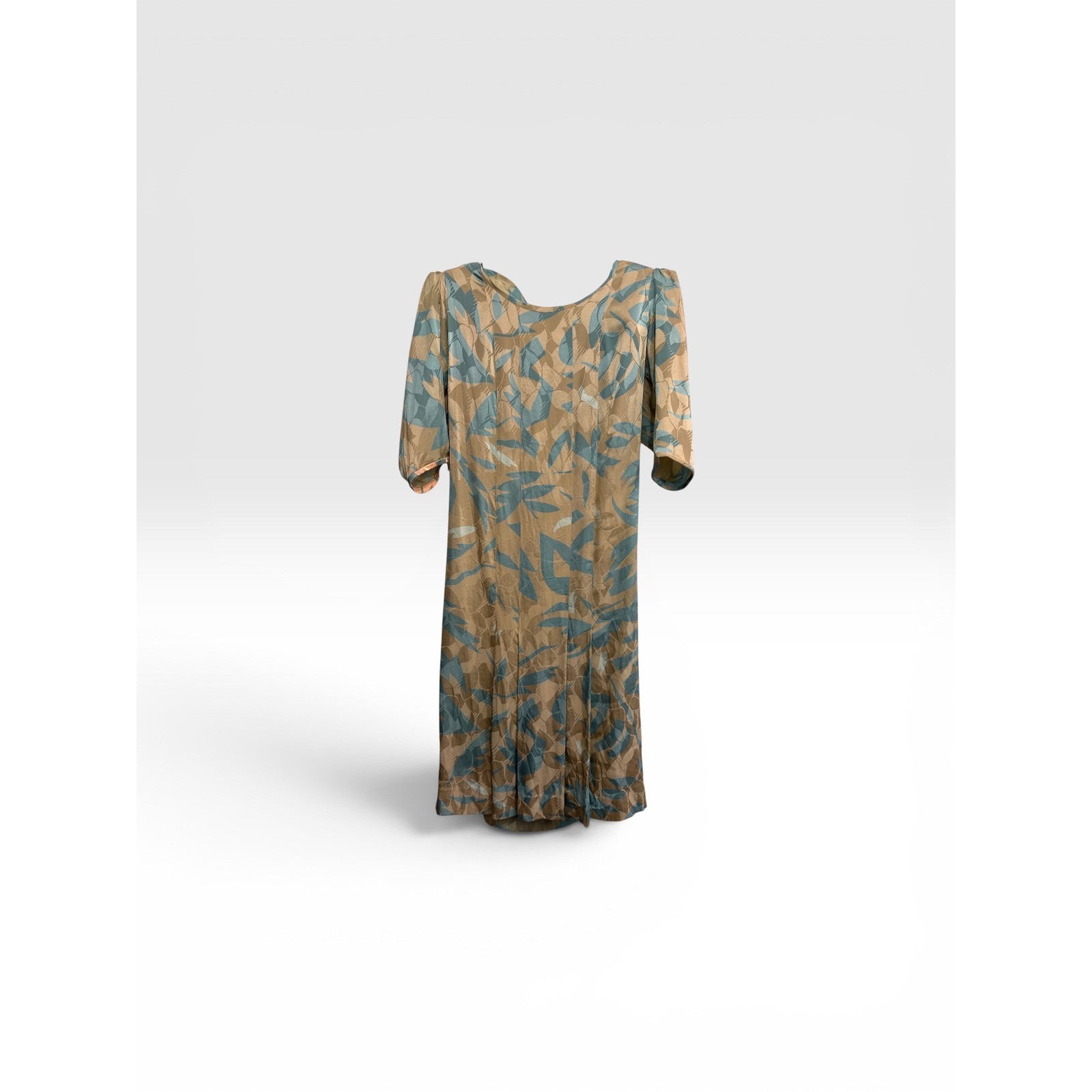 Disegni by Perez Vintage 100% Silk Abstract Leaf Button Back Midi Dress Tan 4