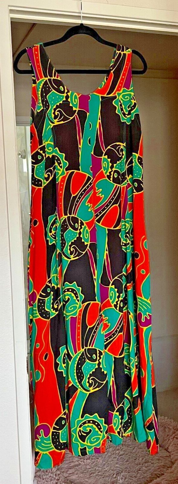 Vintage 90s Psychedelic Maxi Sun Dress Size M Flash Back Unlimited Rayon Boho