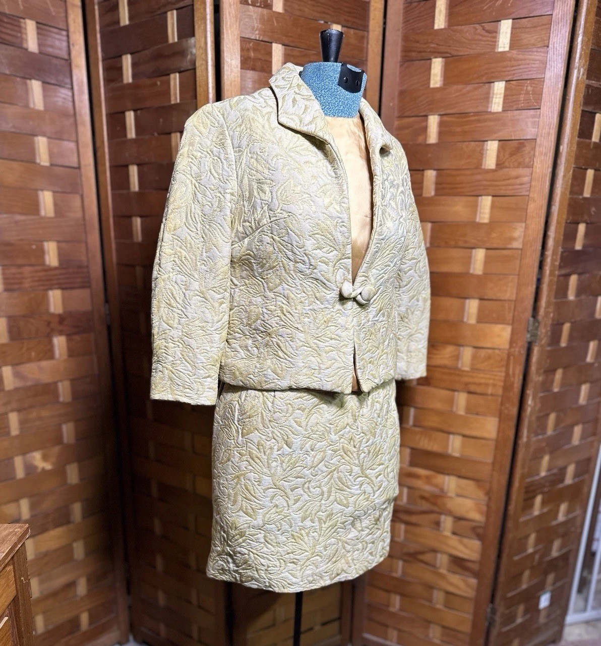 Vintage Womens Brocade 3-Piece Skirt Suit Size XS/S Gold Jacquard