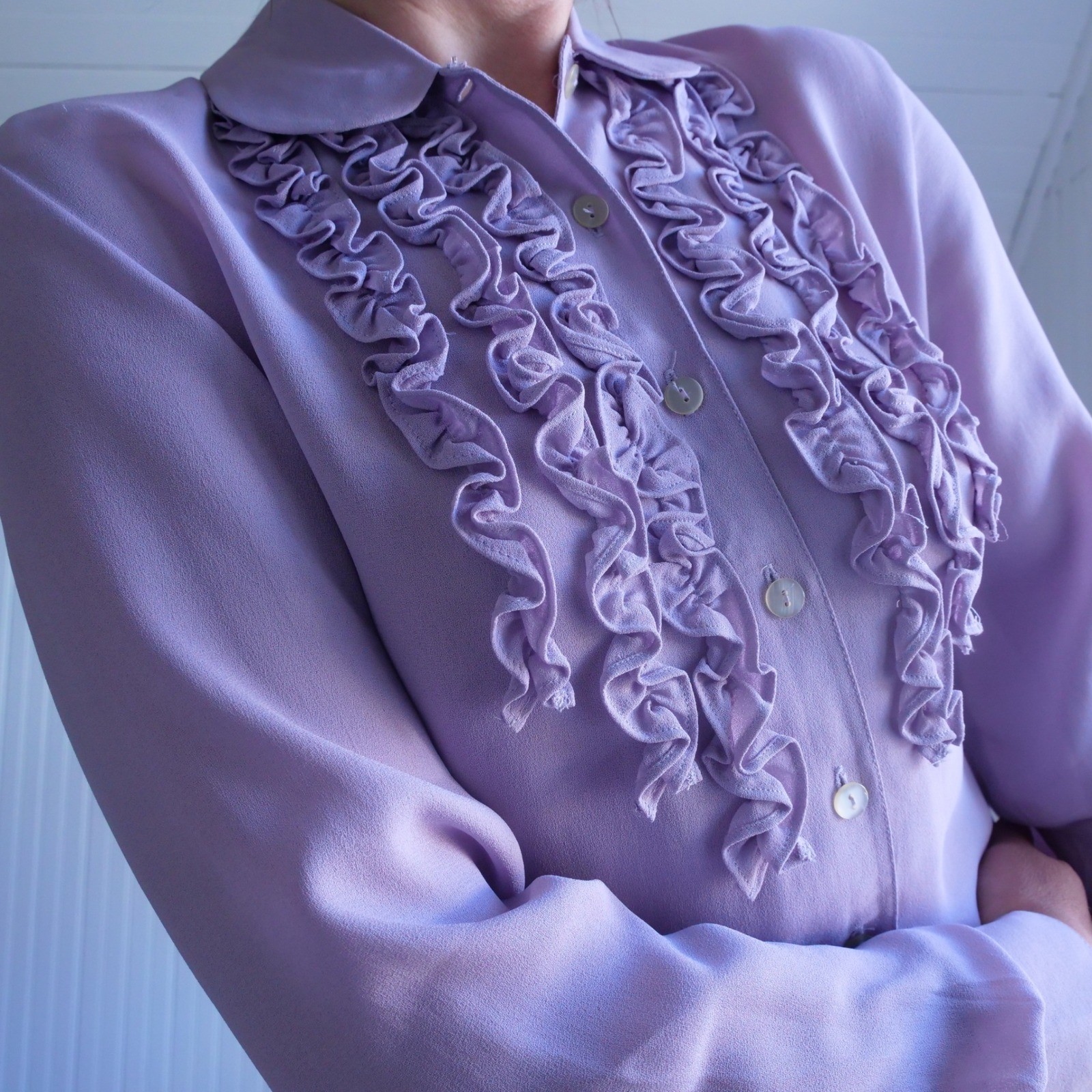 See sweetest vintage 1990s lilac semisheer tuxedo ruffle button down blouse