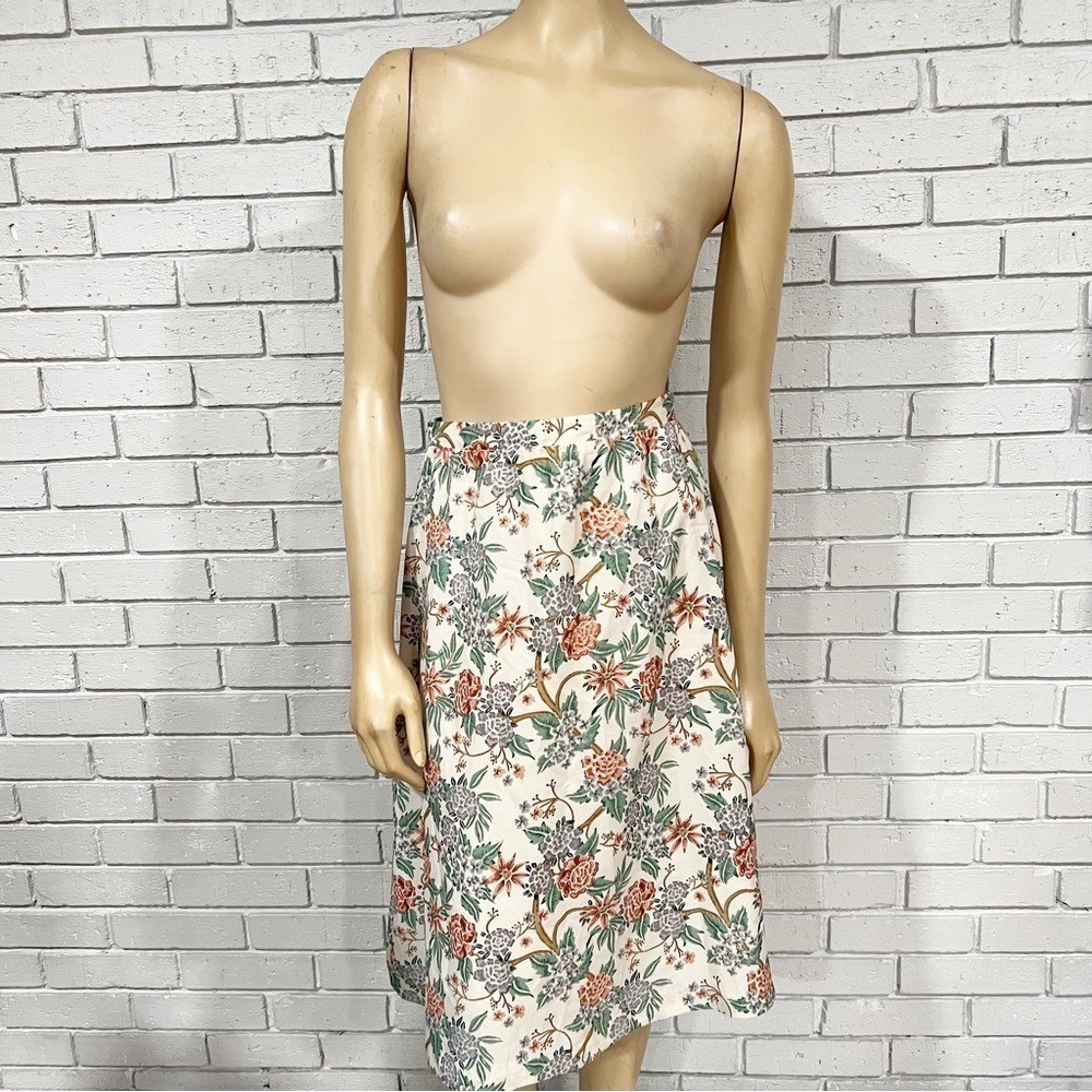 Vintage Floral Midi Skirt Cream Peach Green Botanical A-Line High Waist | Size 8