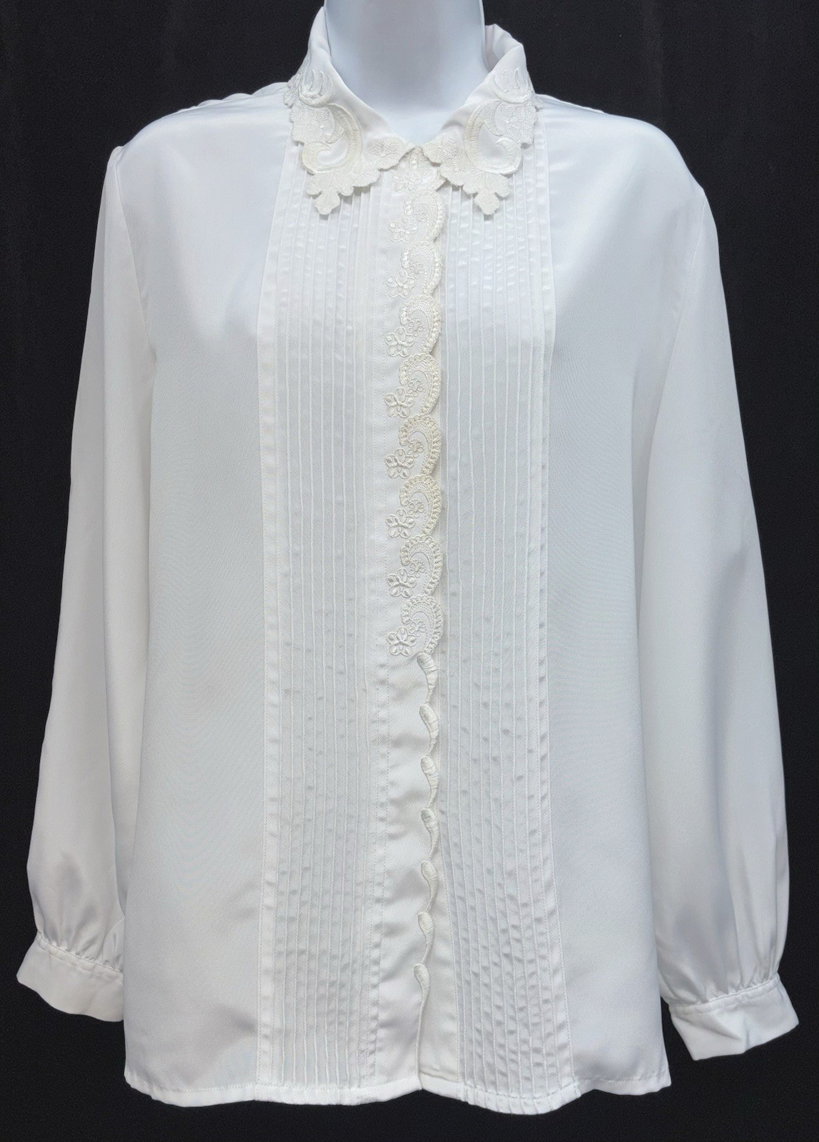 VTG Mariani Women Size 14 Button Up Embroidered Collar Long Sleeve Top Pin Tuck