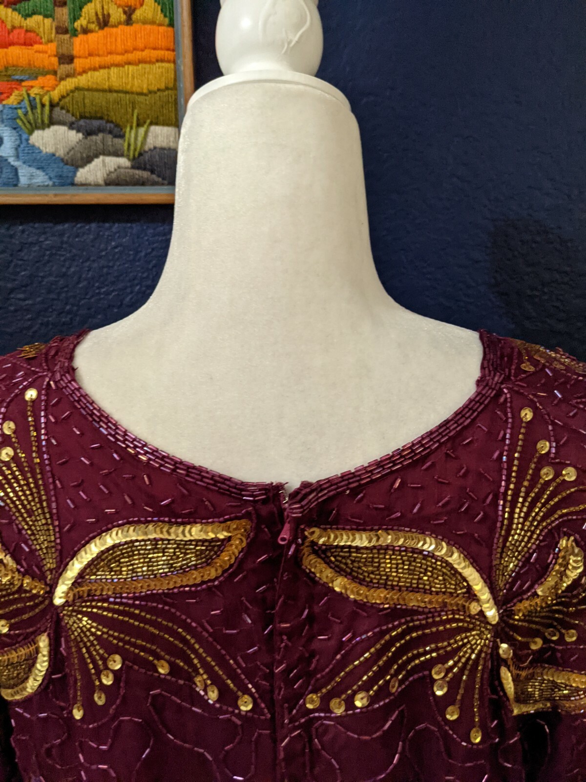 VTG Sweelo Purple Beaded Sequin Zip Back Dress 100% Silk Sz XL Extra Large