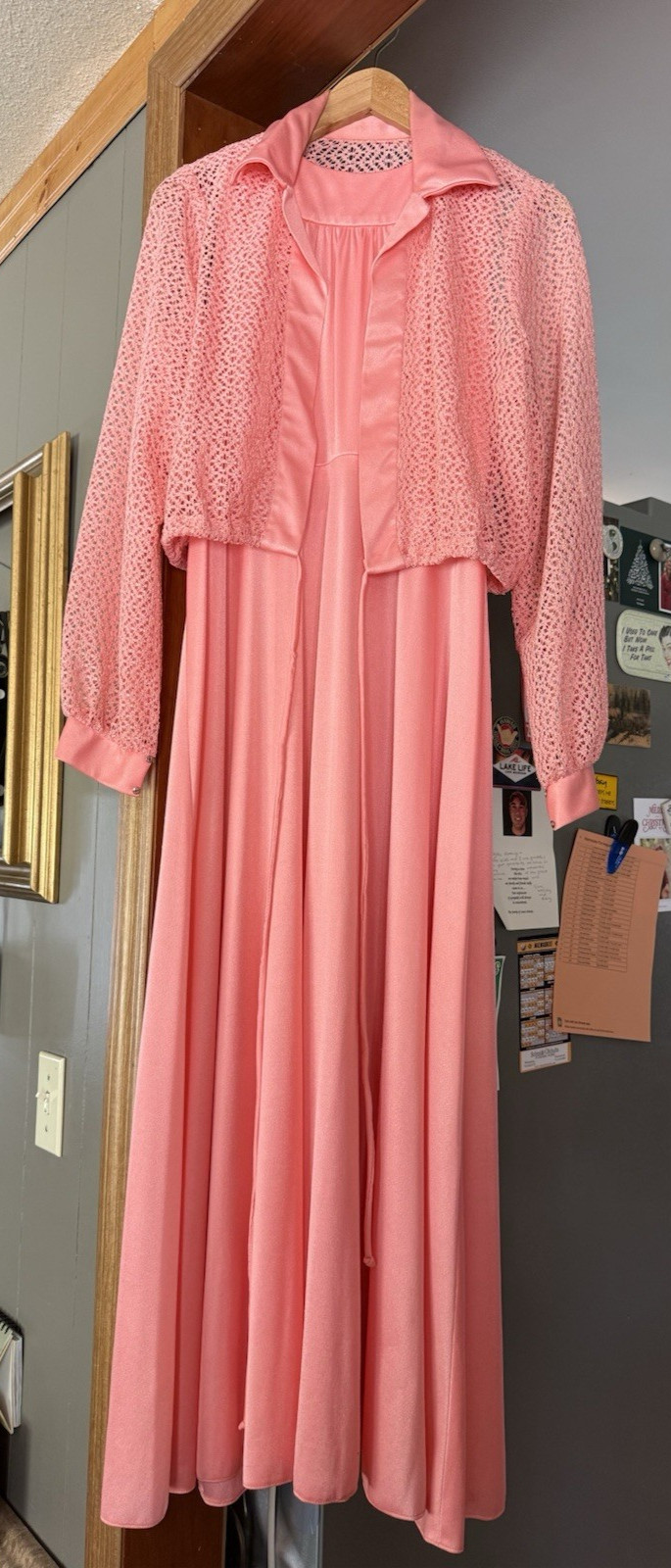 VTG Emma Domb Dress SZ 8? Coral Salmon 2 Piece Dress & Jacket 53″ FORMAL maxi